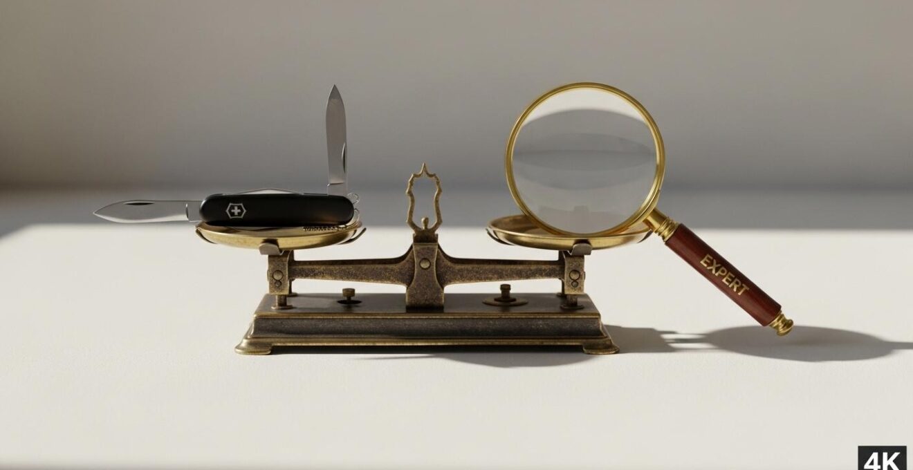 Illustration métaphorique représentant une balance entre un couteau suisse et une loupe, symbolisant le choix stratégique entre polyvalence et expertise.