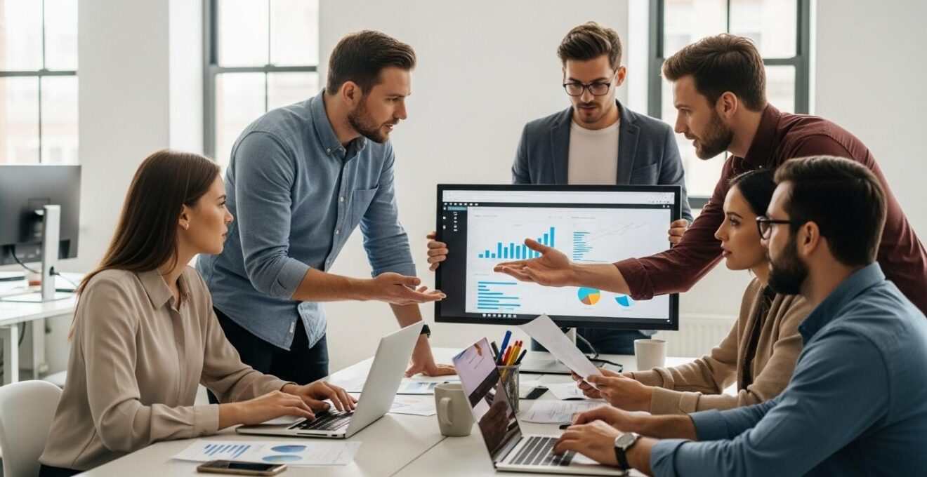 Photo d'une équipe d'entreprise en action avec une répartition claire des missions et une ambiance motivée
