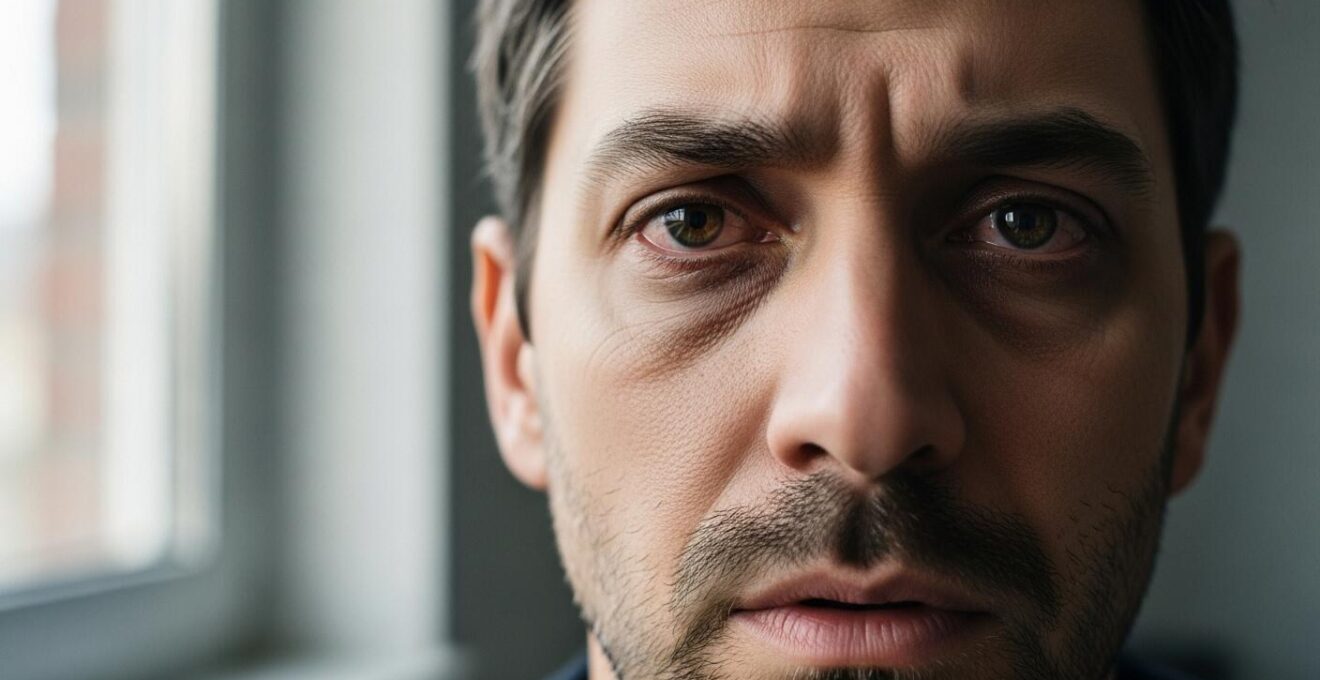 Visage fatigué éclairé par une lumière douce, exprimant le stress et l'épuisement mental chez un entrepreneur