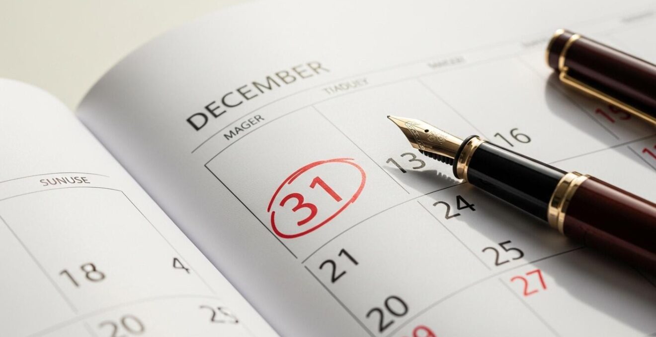 Calendrier marqué au 31 décembre avec un stylo déposé dessus, symbolisant le choix de la date de clôture