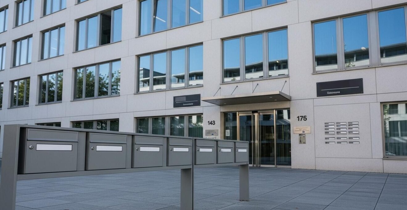 Vue extérieure d’un immeuble de bureaux moderne avec des boîtes aux lettres et des plaques d’adresse