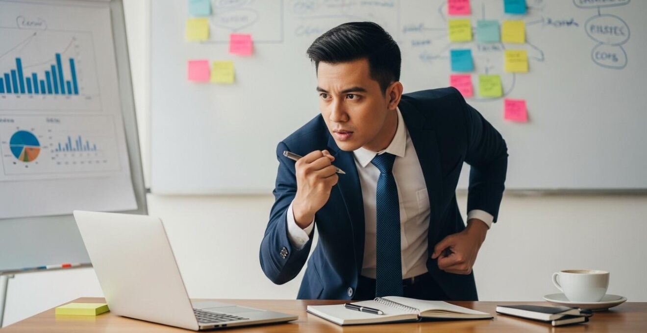 Photographie réaliste d'un entrepreneur devant un tableau blanc avec des notes de brainstorming, entouré d'objets symbolisant la création d'entreprise