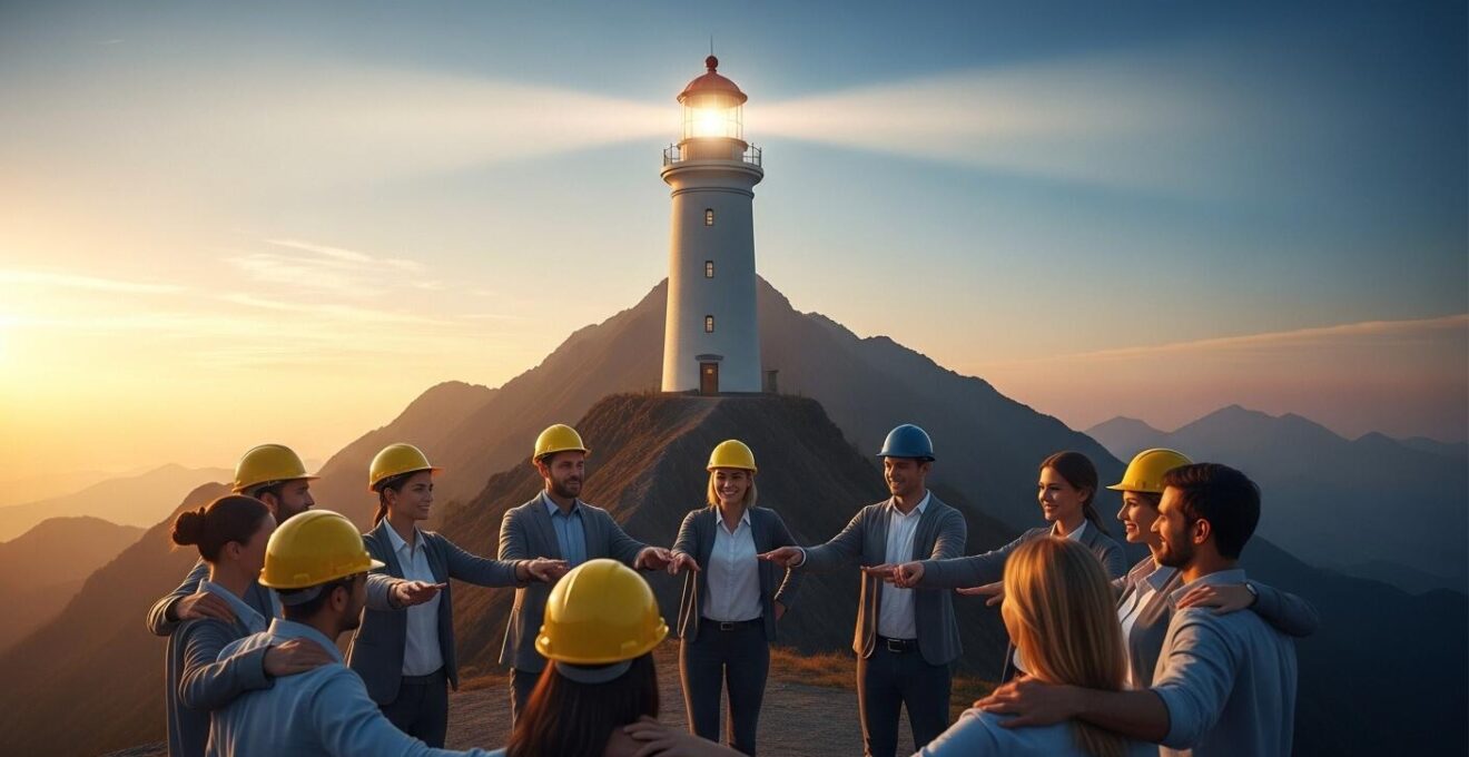 Image symbolique représentant la culture d'entreprise comme un phare guidant une équipe soudée au sommet d'une montagne