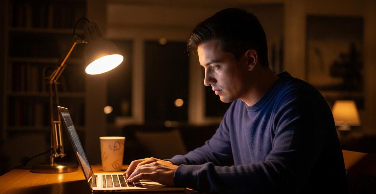 Une personne travaillant tard le soir sur un ordinateur portable, dans un cadre chaleureux et calme