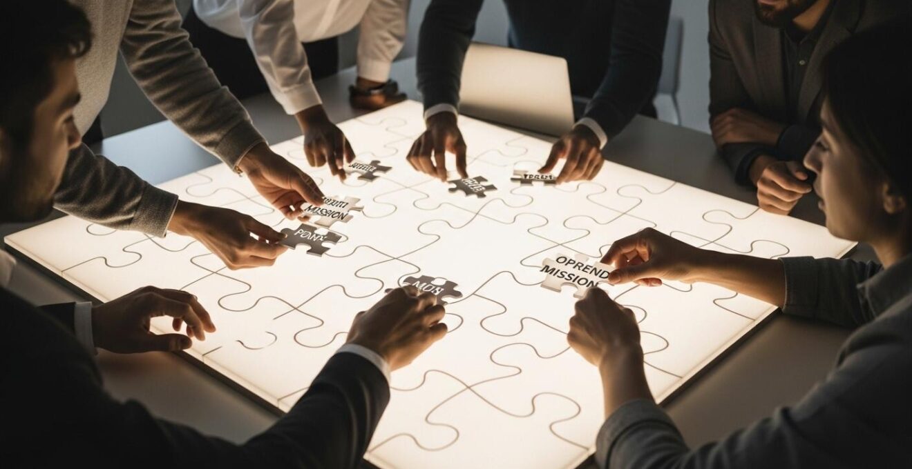 Photographie symbolique montrant une équipe diversifiée en pleine collaboration autour d'un puzzle lumineux symbolisant la répartition stratégique des missions pour maximiser la performance.