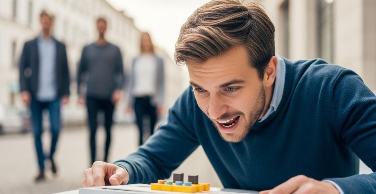Image montrant une personne regardant un produit avec passion tandis que des clients passent sans intérêt