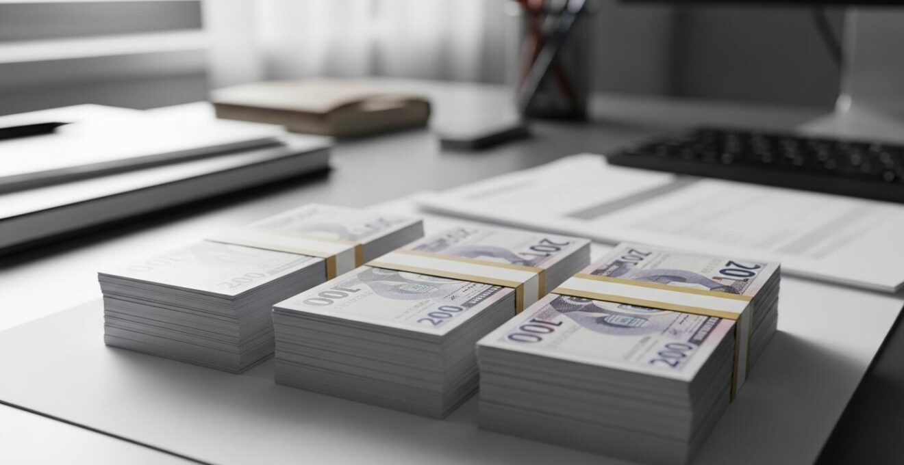 Composition symbolique avec des billets et des documents d’entreprise sur un bureau épuré
