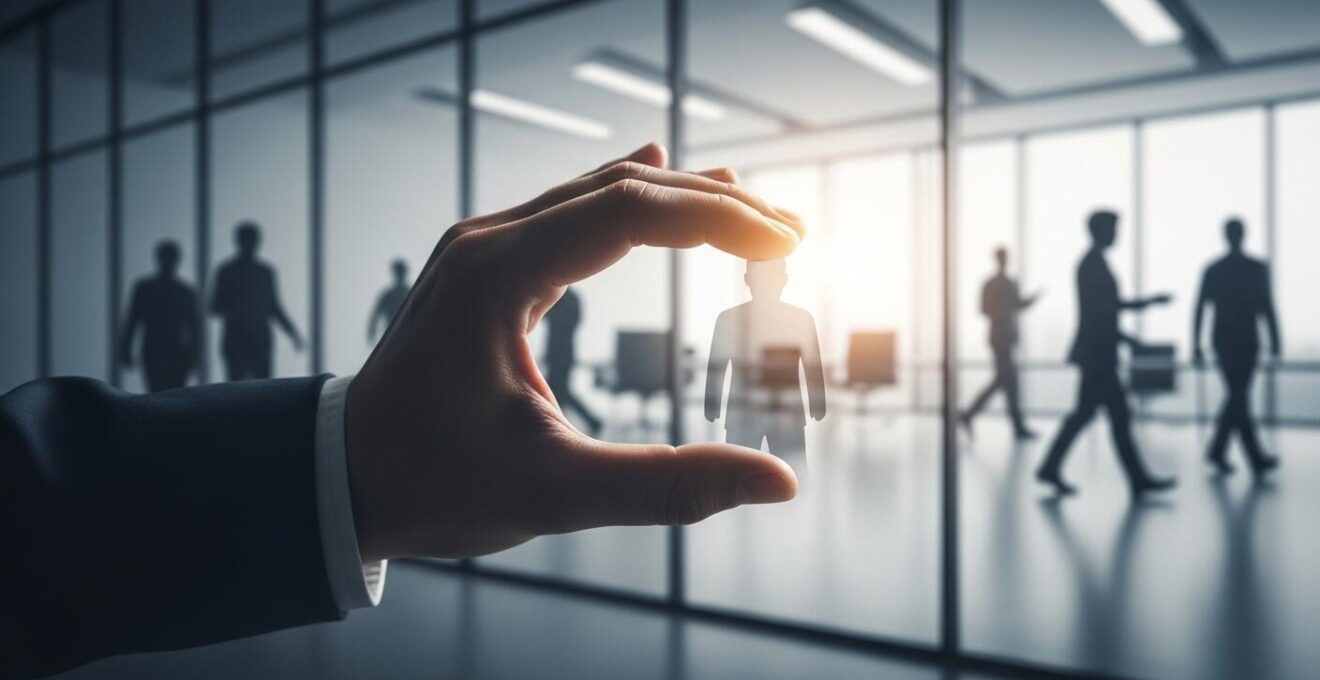Illustration symbolique d'une entreprise avec des employés qui partent et une main retenant une silhouette d'employé