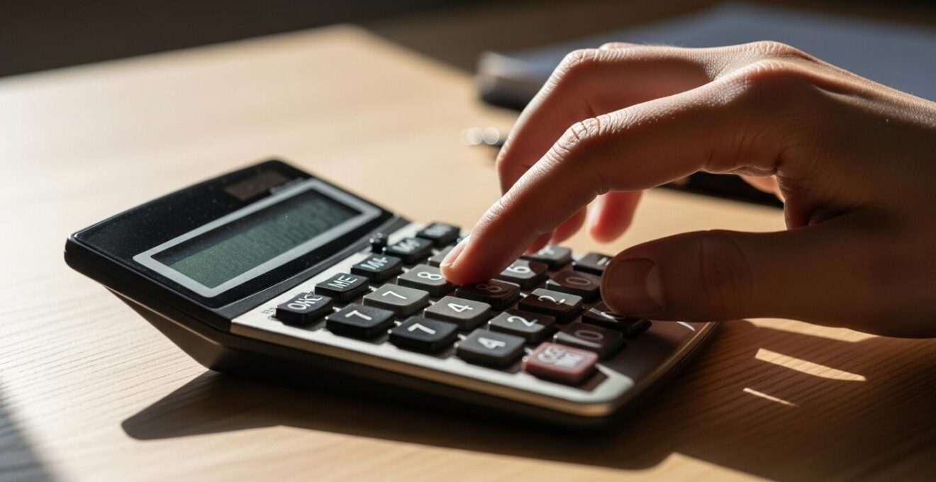Photographie macro d’une main utilisant une calculatrice avec des documents flous en arrière-plan