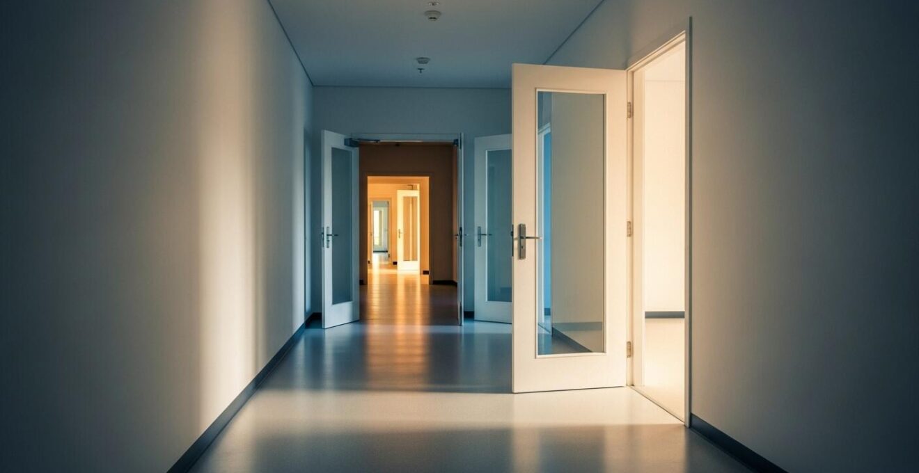 Photographie symbolique illustrant des portes ouvertes dans un couloir moderne, représentant les opportunités cachées dans des secteurs saturés