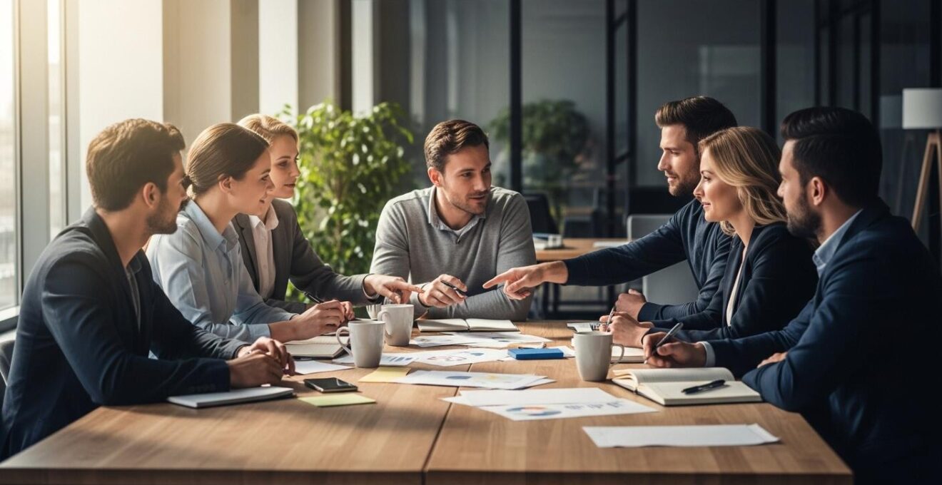 Photographie environnementale montrant un cercle d'équipe collaborant en harmonie autour d'une table de travail moderne