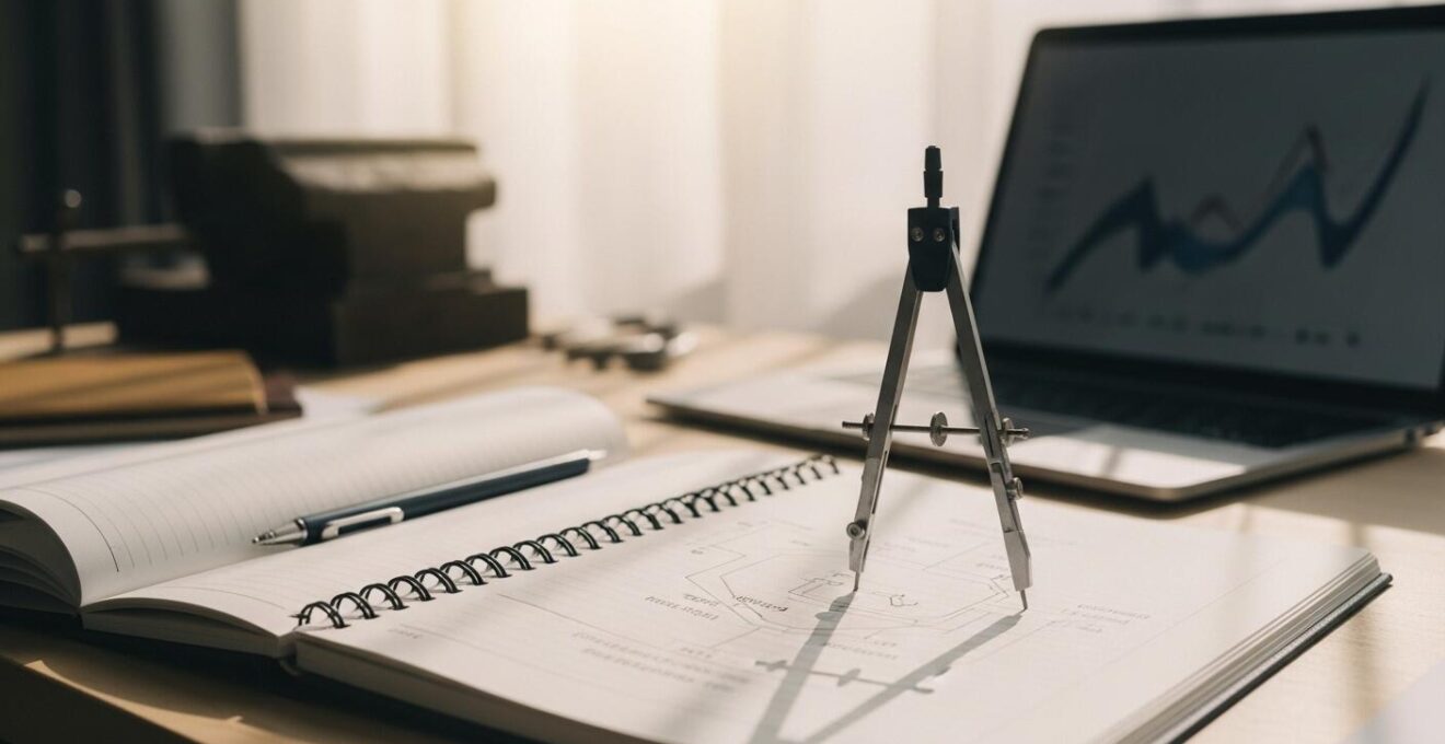 Photographie réaliste d'une table de travail avec plans de projet, ordinateur portable, carnet de notes et une boussole symbolisant la méthode structurée vers le succès d'un business model