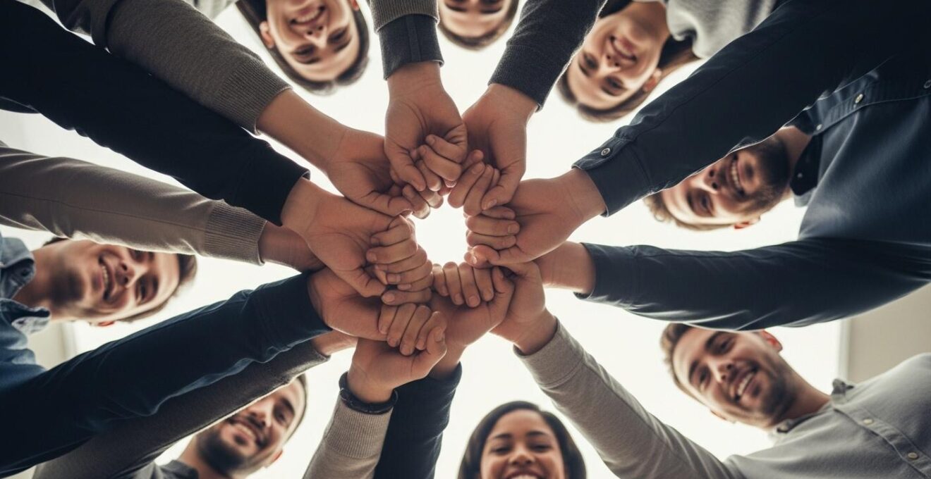 Photo montrant un groupe d'employés réunis en cercle se donnant la main en signe d'unité