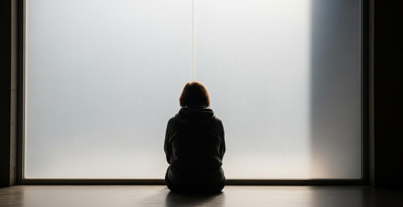 Une personne seule devant un mur translucide symbolisant l'isolement, avec une lumière douce venant de l'extérieur suggérant l'espoir et la connexion