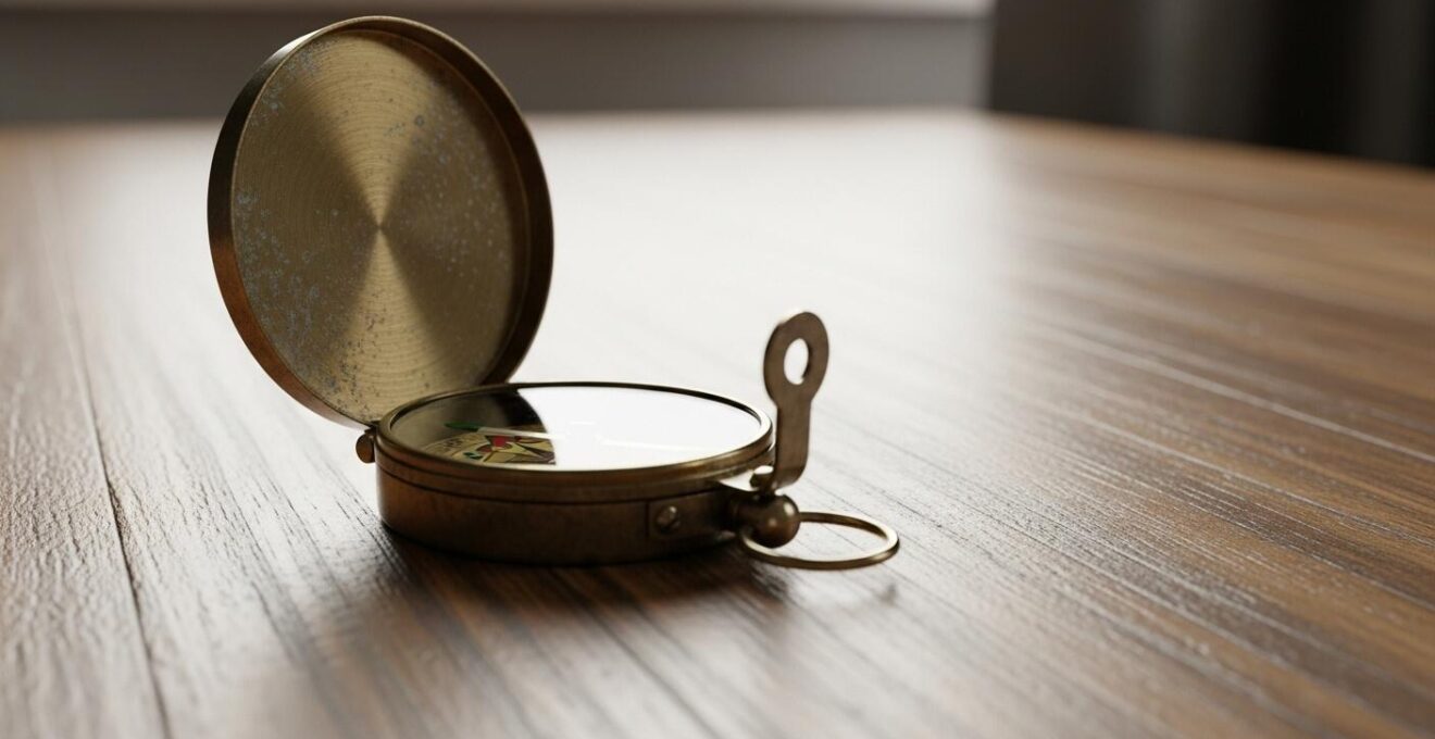 Image symbolique d'une boussole ancienne sur un bureau en bois avec de la lumière naturelle