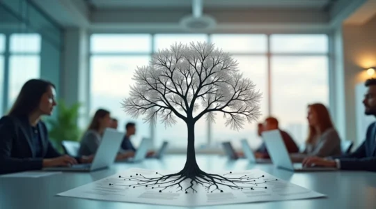 Illustration symbolique représentant un réseau de talents interconnectés au sein d'une PME, mettant en valeur le développement interne et la collaboration.