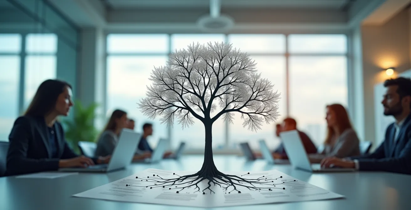 Illustration symbolique représentant un réseau de talents interconnectés au sein d'une PME, mettant en valeur le développement interne et la collaboration.