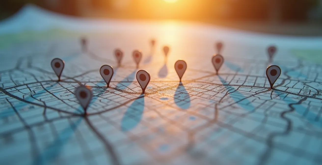 Photographie symbolique représentant une carte urbaine avec des points marqués sur différentes adresses de siège social et des documents fiscaux à côté.