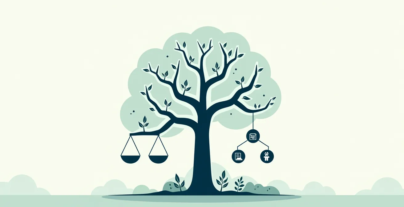 Illustration graphique symbolisant le choix du statut juridique pour une entreprise, avec un arbre de décision et des symboles légaux