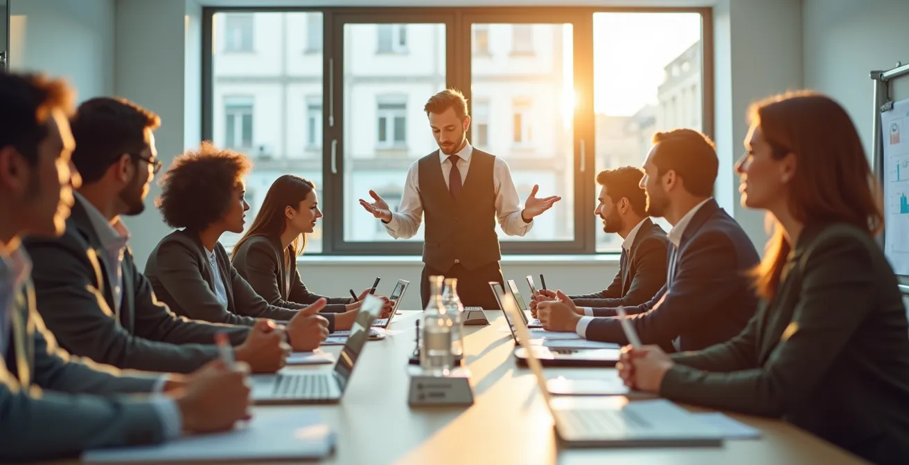 Illustration d’une réunion inter-services dynamique avec des participants engagés et un manager facilitant l’harmonie