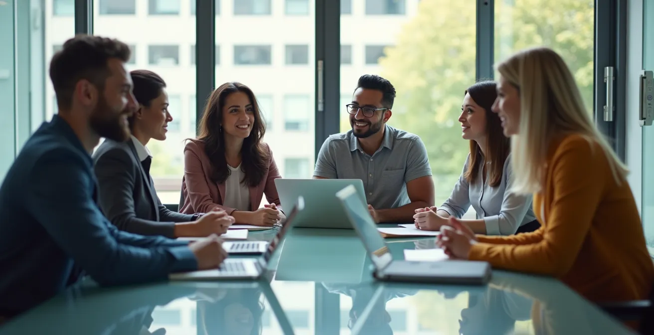 Illustration d'un groupe de travailleurs indépendants échangeant lors d'une réunion stratégique, symbolisant un conseil d'administration personnel.