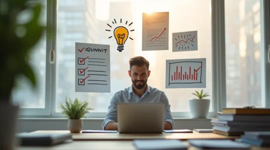 Illustration symbolique d'un entrepreneur préparant le lancement de son entreprise avec une checklist et des éléments symboliques de business