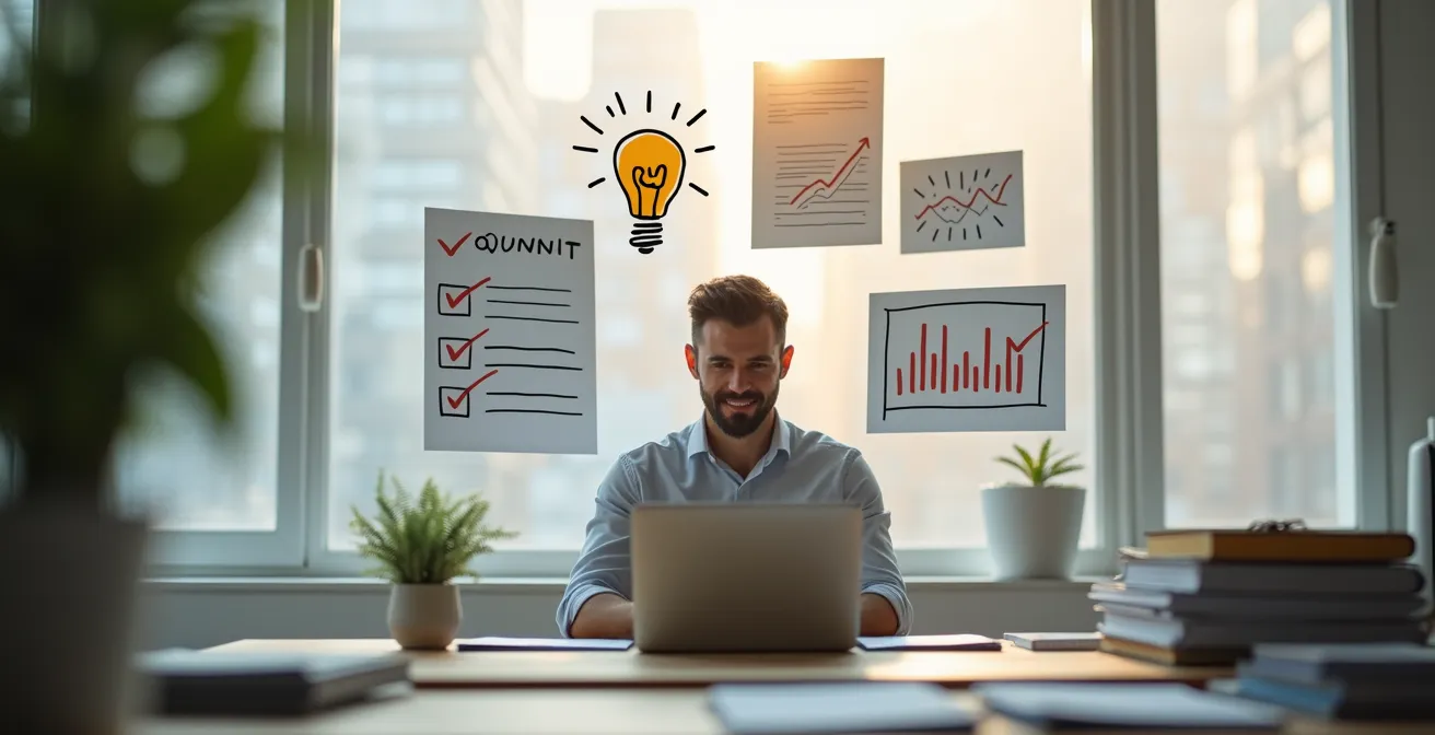 Illustration symbolique d'un entrepreneur préparant le lancement de son entreprise avec une checklist et des éléments symboliques de business