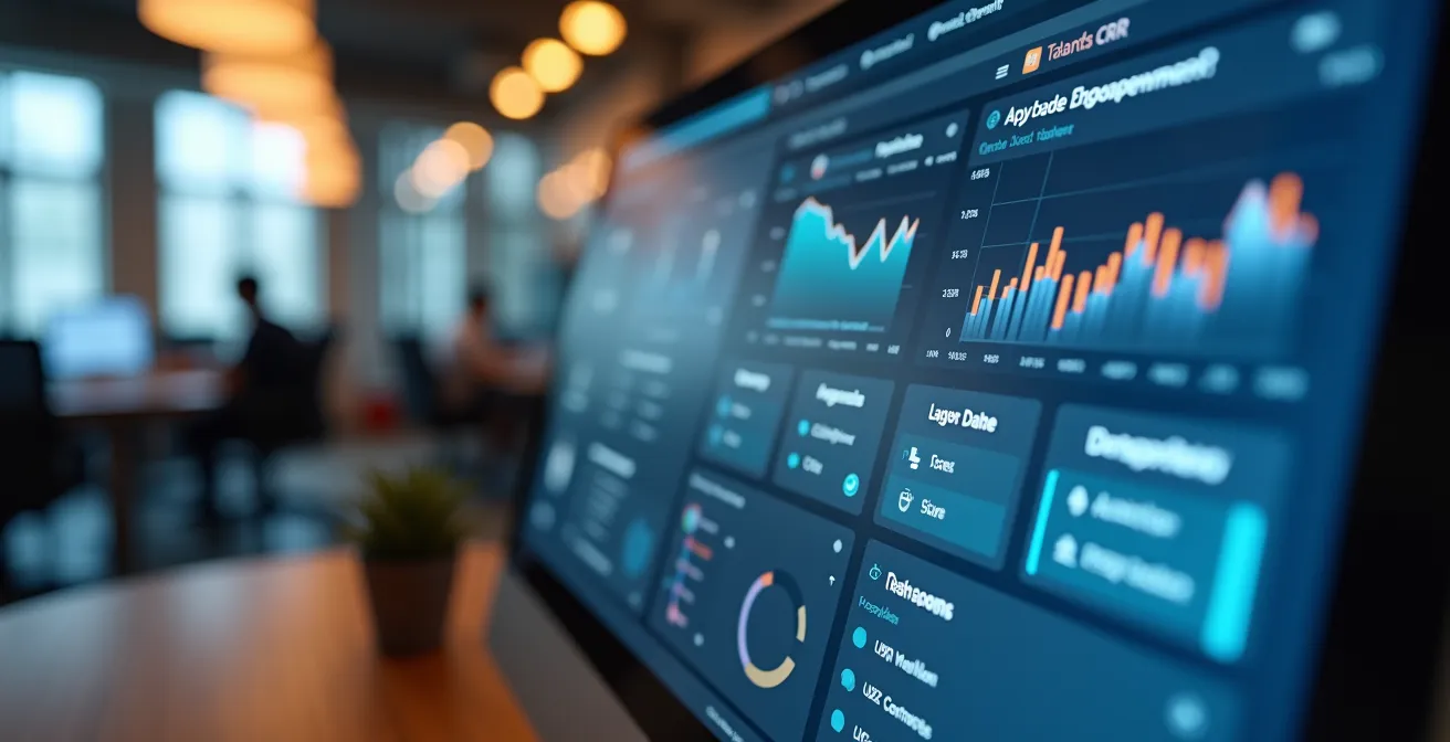 Illustration montrant un tableau de gestion de talents digital avec profils et notes