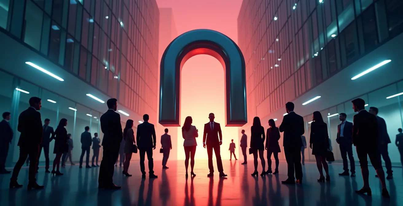 Image symbolique montrant un aimant puissant attirant des silhouettes de candidats talentueux dans une entreprise dynamique.