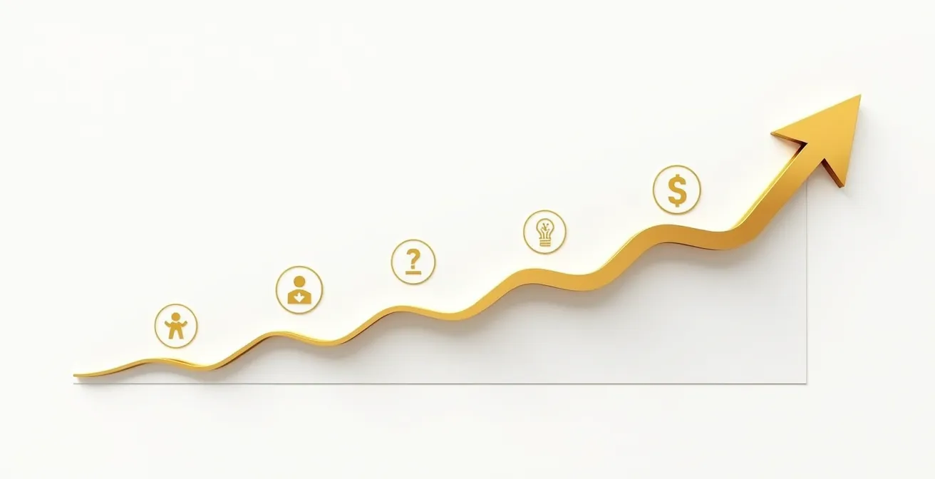 Illustration symbolisant le parcours d'une idée entrepreneuriale vers un business model solide, représenté par une flèche progressant à travers cinq étapes clés.