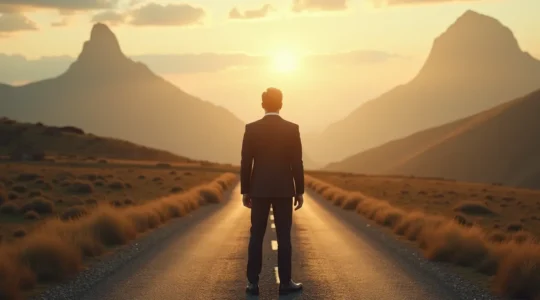 Homme d'affaires debout à un carrefour symbolisant le choix entre indépendance et patrimoine entrepreneurial