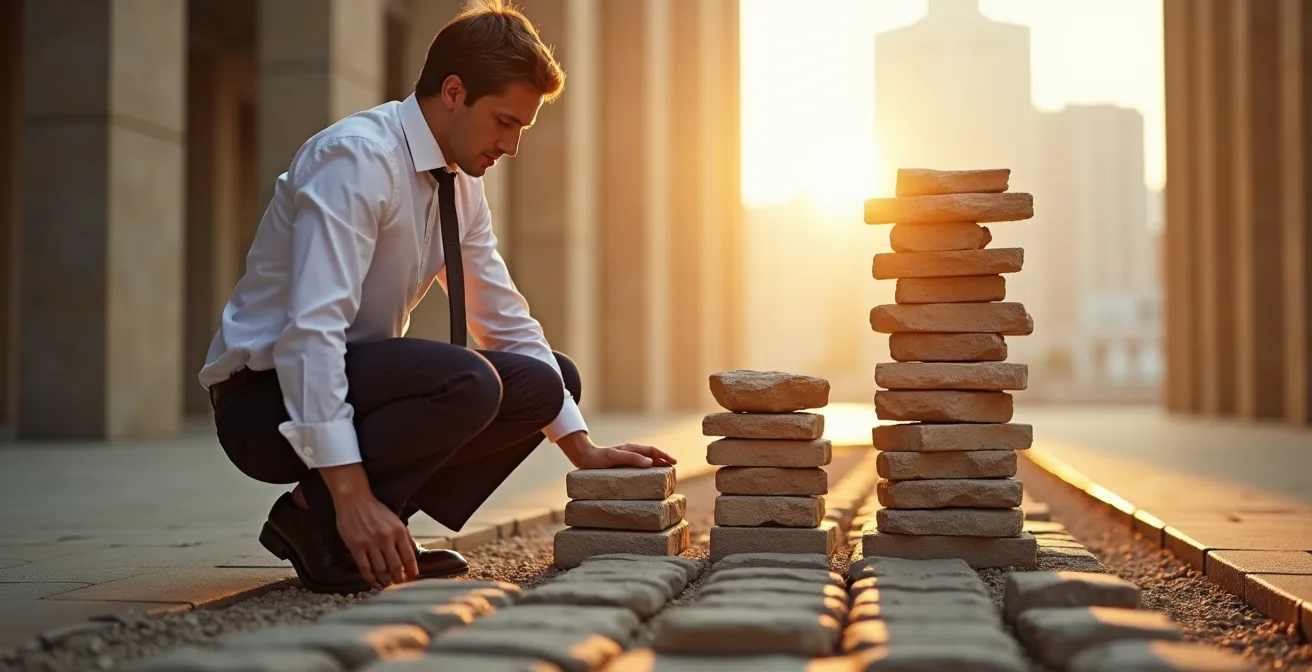 Entrepreneur construisant les fondations d'un édifice symbolisant un patrimoine d'entreprise durable