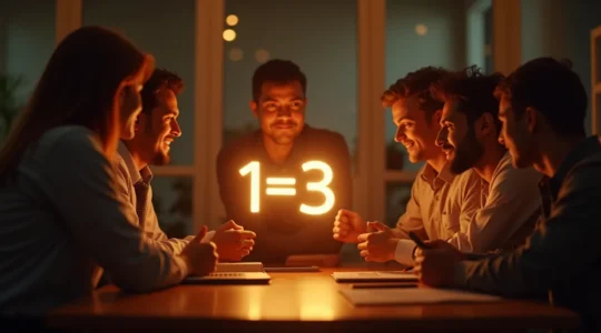 Illustration symbolique d'une équipe diverse en train de collaborer autour d'une équation complexe, avec un manager guidant et reliant les membres