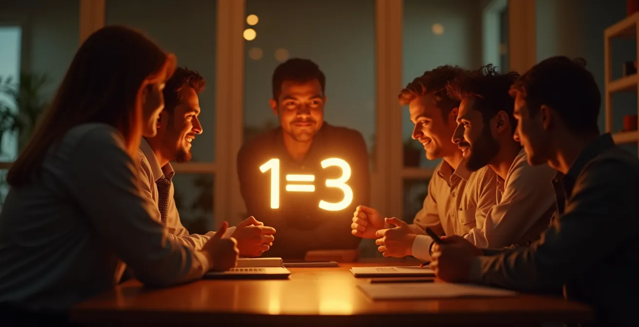 Illustration symbolique d'une équipe diverse en train de collaborer autour d'une équation complexe, avec un manager guidant et reliant les membres