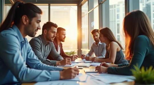 Équipe diverse de professionnels travaillant ensemble en synergie, illustrant la répartition optimale des missions pour une performance collective