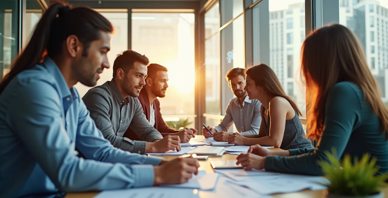 Équipe diverse de professionnels travaillant ensemble en synergie, illustrant la répartition optimale des missions pour une performance collective