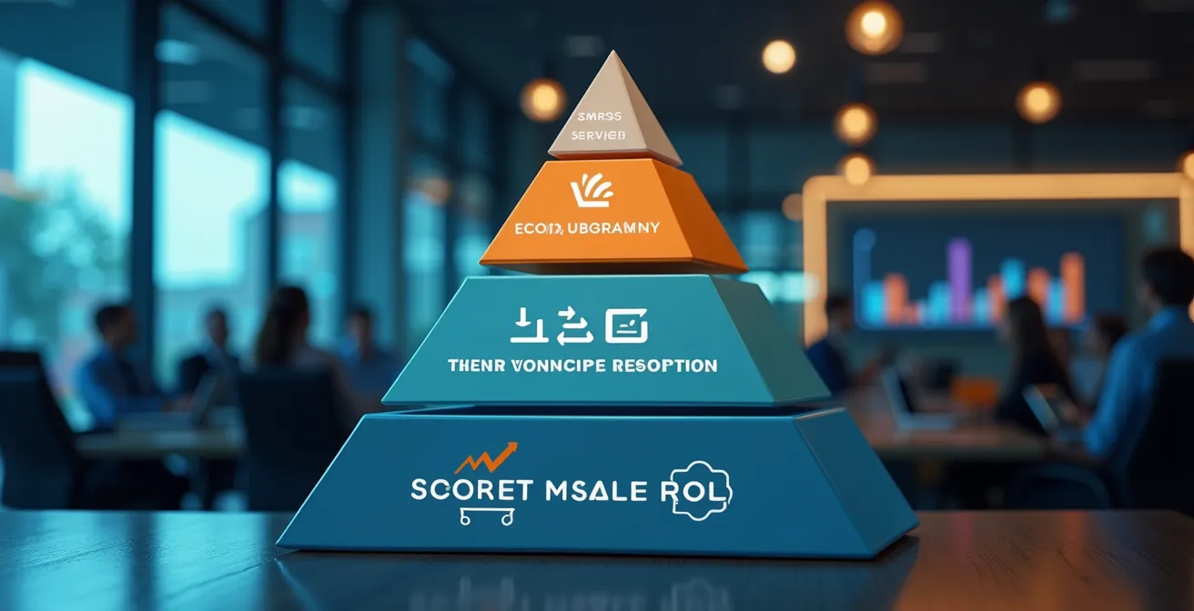 Représentation visuelle du modèle Kirkpatrick avec ses 4 niveaux d'évaluation : satisfaction, apprentissage, comportement et résultats business, sous forme de pyramide avec indicateurs de mesure