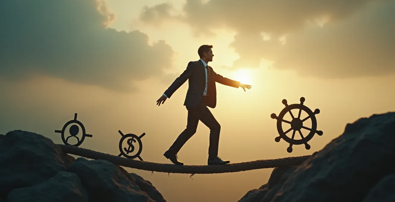 Illustration symbolique montrant un dirigeant équilibrant croissance et contrôle via des leviers financiers