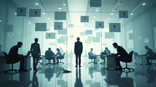 Illustration conceptuelle montrant la confusion organisationnelle dans une entreprise moderne avec des employés perdus dans un labyrinthe de responsabilités