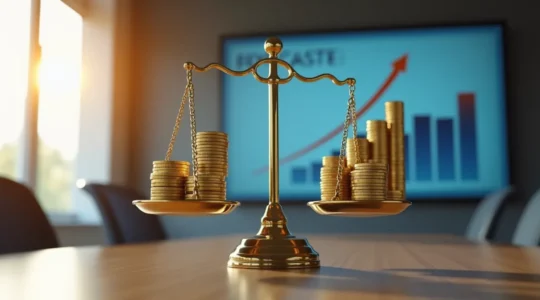 Image montrant une balance équilibrée entre des coûts de formation d'un côté et des bénéfices financiers de l'autre, symbolisant la transformation de la formation en investissement rentable