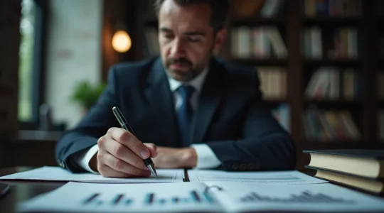 Une image symbolique représentant un entrepreneur réfléchissant stratégiquement devant des documents officiels d'immatriculation d'une société, associés à des éléments financiers et juridiques.