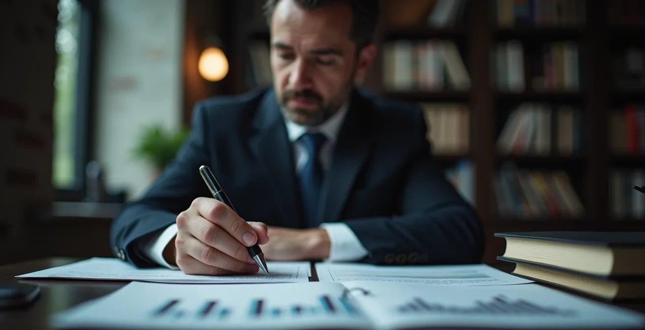 Une image symbolique représentant un entrepreneur réfléchissant stratégiquement devant des documents officiels d'immatriculation d'une société, associés à des éléments financiers et juridiques.