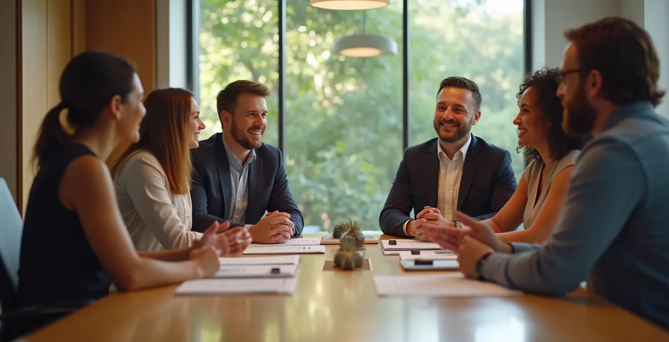 Photo montrant une réunion d'équipe en PME discutant du recrutement autour d'une table