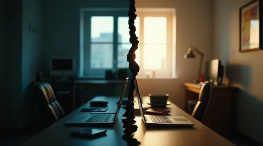 Illustration symbolique représentant le passage du salariat à l'indépendance, avec d'un côté un bureau en open space et de l'autre un espace de travail libre et ouvert.