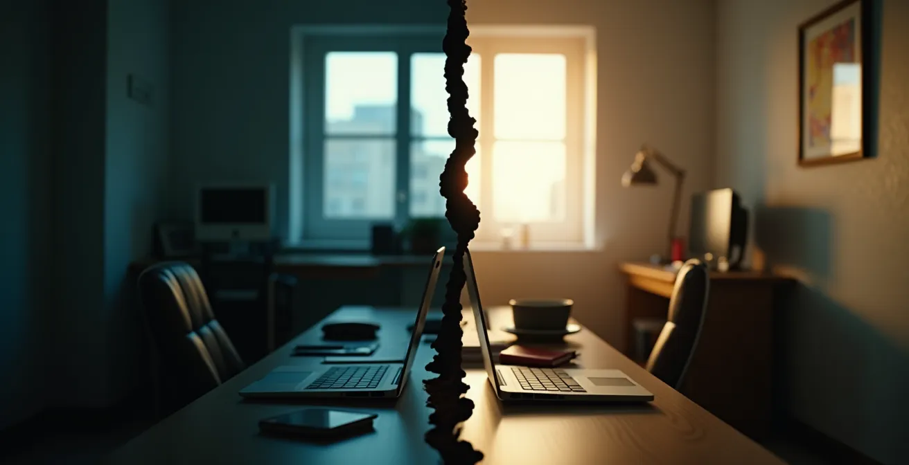 Illustration symbolique représentant le passage du salariat à l'indépendance, avec d'un côté un bureau en open space et de l'autre un espace de travail libre et ouvert.