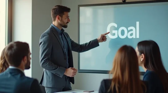 Illustration montrant un manager en train de coacher son équipe dans un cadre professionnel moderne, favorisant la collaboration et la croissance.