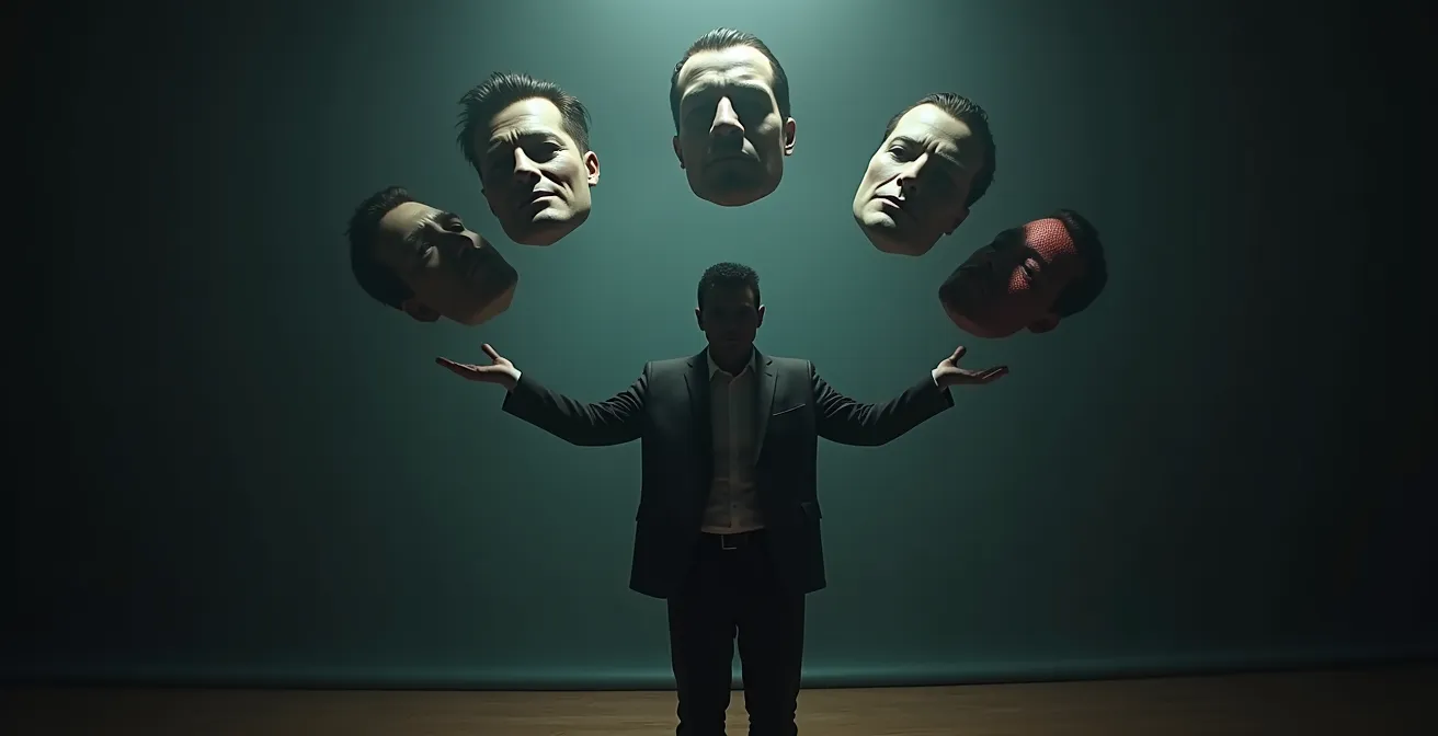 Illustration d'un entrepreneur équilibrant plusieurs masques représentant différents clients, symbolisant le multi-patronat.