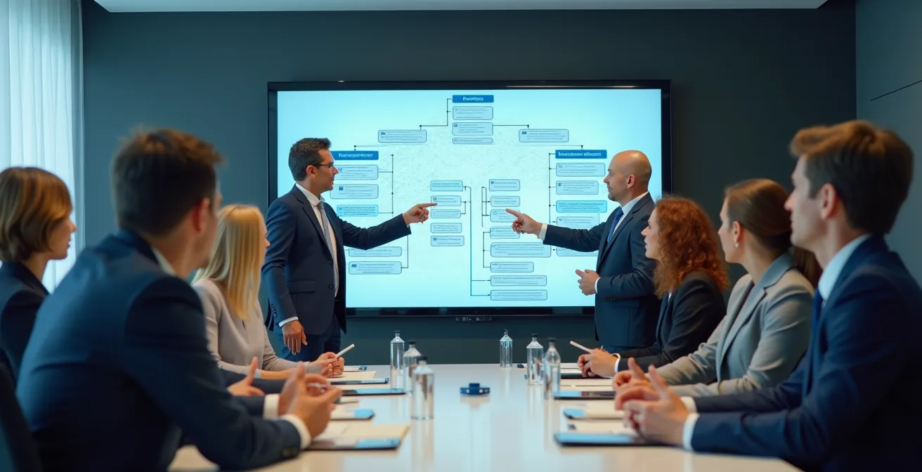 Représentation visuelle d'un organigramme d'entreprise moderne intégrant stratégie et structure organisationnelle