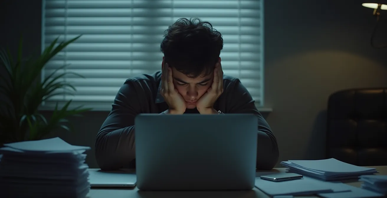 Image symbolique montrant un entrepreneur passionné au bord d'un épuisement mental et émotionnel