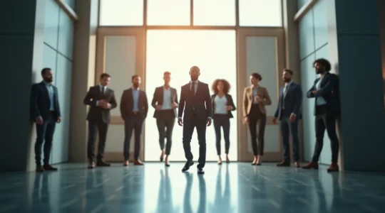 Une illustration symbolique montrant un professionnel souriant ouvrant une porte vers un groupe diversifié de candidats représentant un recrutement réussi